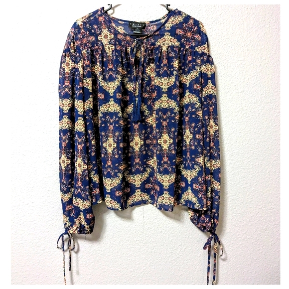 Trixxi Tops - 🎉SALE🎉 TRIXXI Navy Blue Print Blouse Long Sleeves Top Peasant Tassels Tie XL